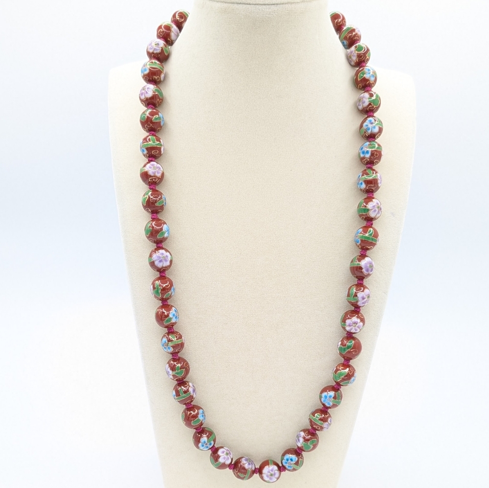 Vintage Red Cloisonné Bead Necklace 25"